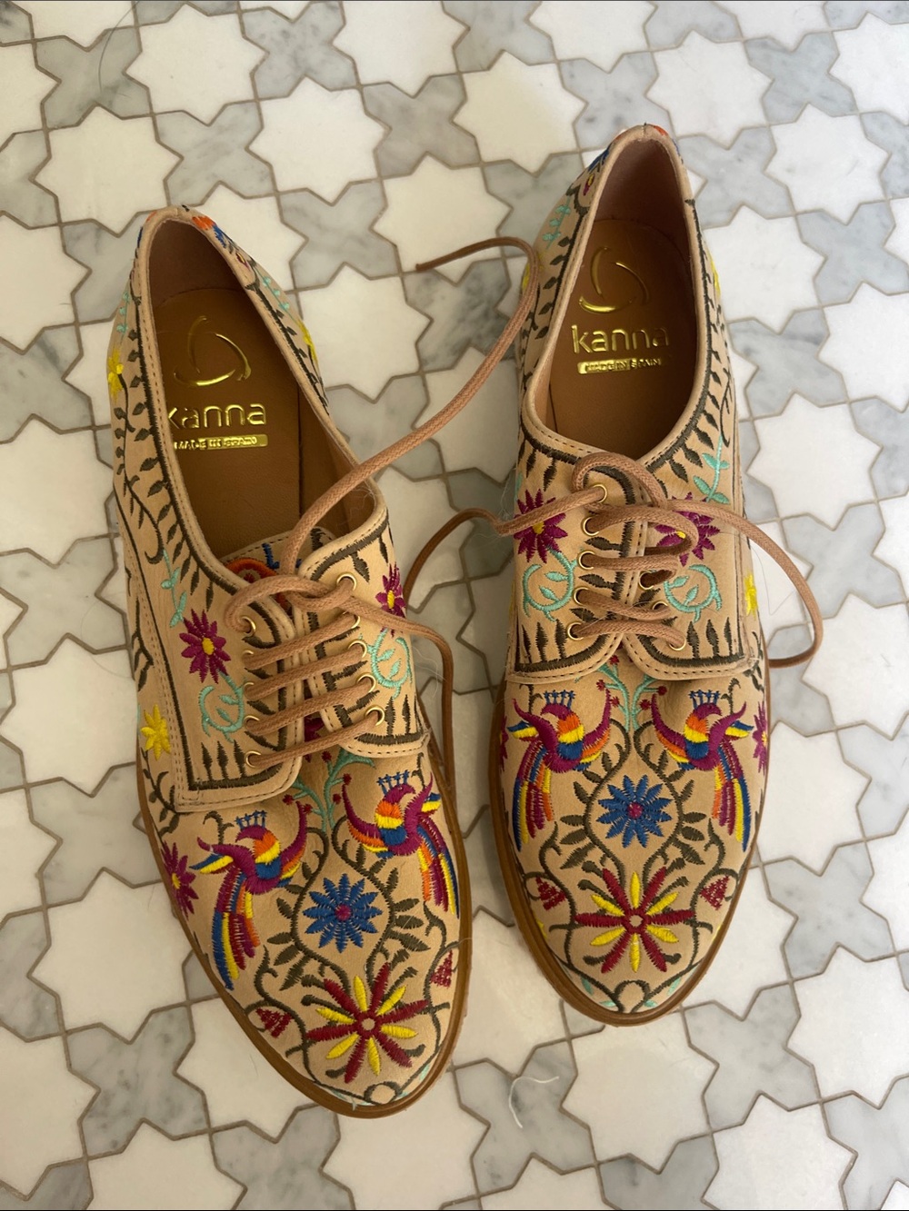 kanna Beige Embroidered Lace-Up Espadrilles with Multicolor Floral Motifs
